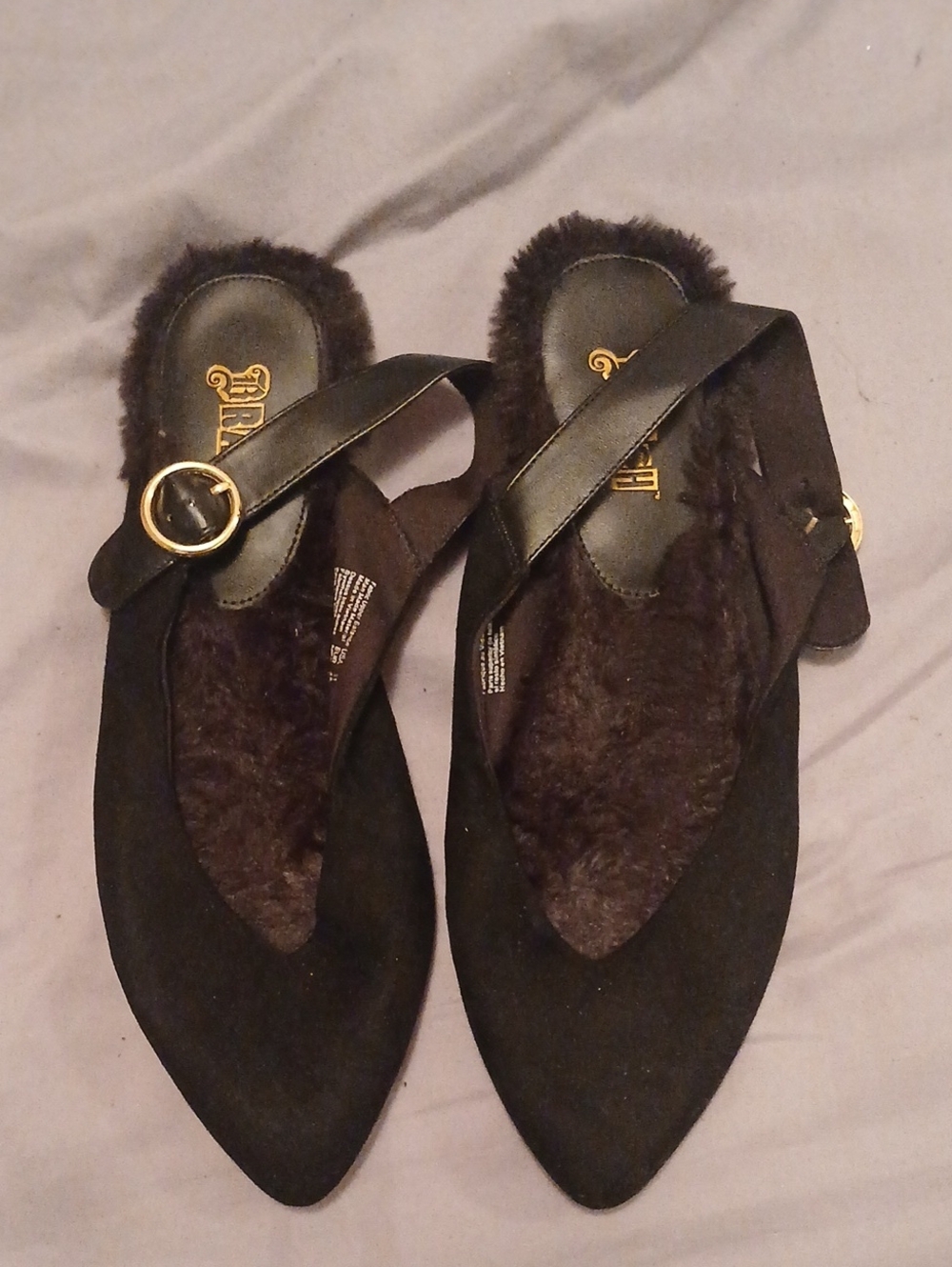 Black Faux-Fur Pointed Toe Slingback Flats with Gold Buckle